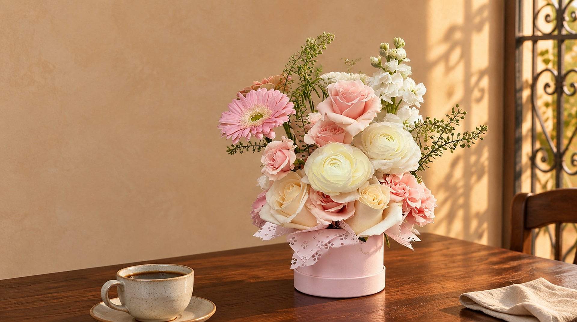 Mini caja Designer’s Choice de flores mixtas junto a una taza de café en una mesa de nogal en Coral Gables al atardecer