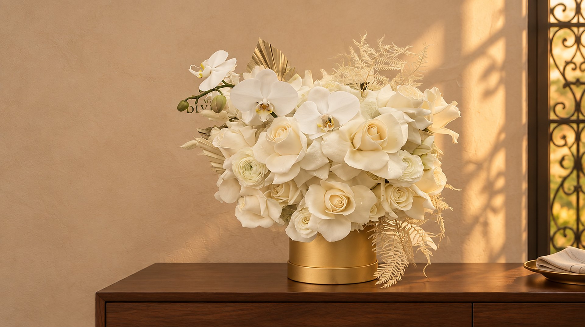 Arreglo de rosas blancas, orquídeas y hojas doradas de My Divine Decors en una caja dorada sobre una cómoda