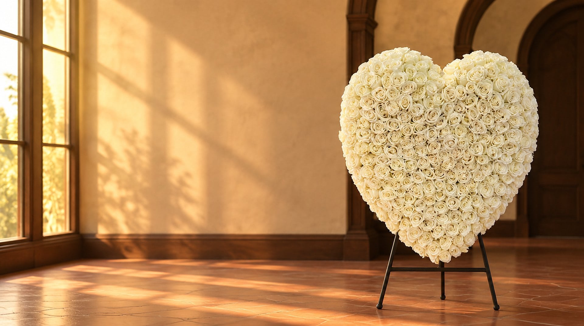 Corazón de pie grande de rosas blancas en su caballete en una capilla con luz de la tarde, de My Divine Decors