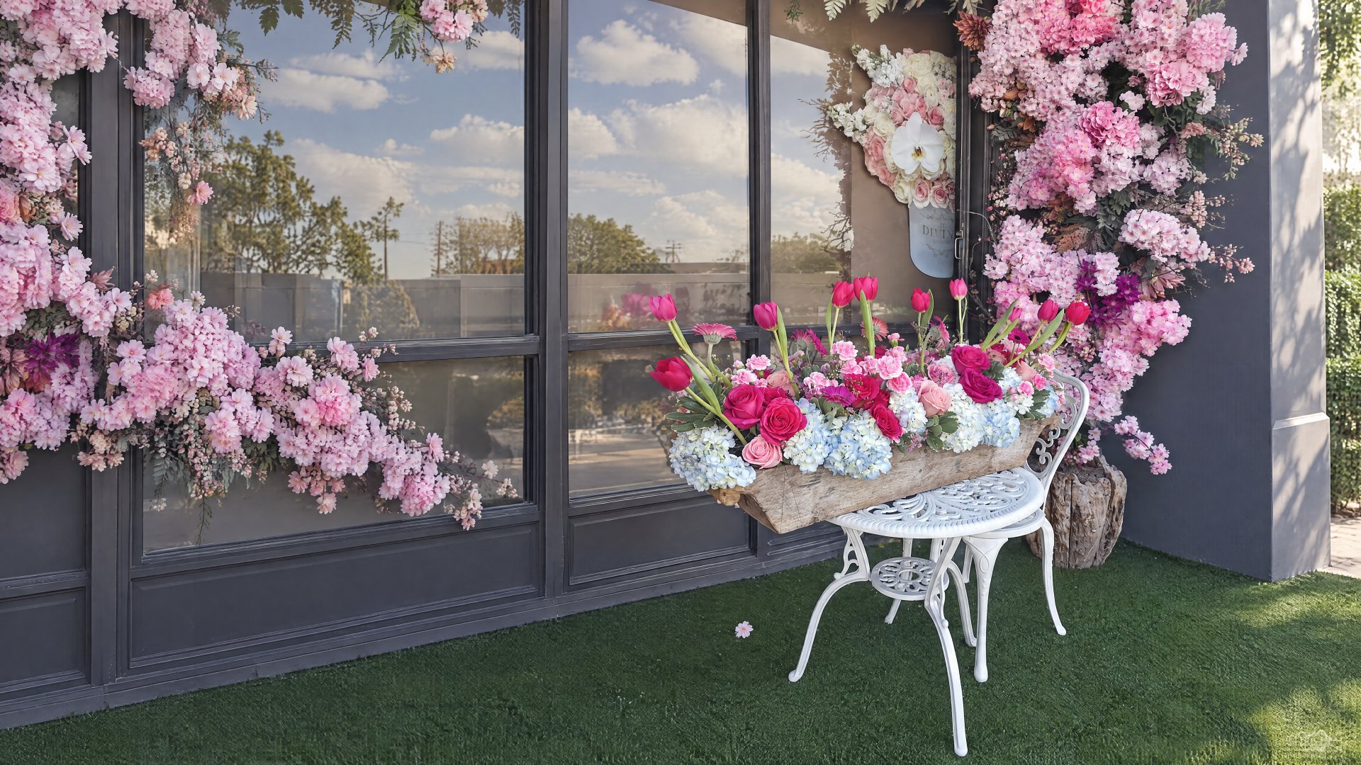 Entrada de la floristería My Divine Decors en Doral con instalación de flores rosadas, rosas fucsia, tulipanes y una silla blanca de hierro