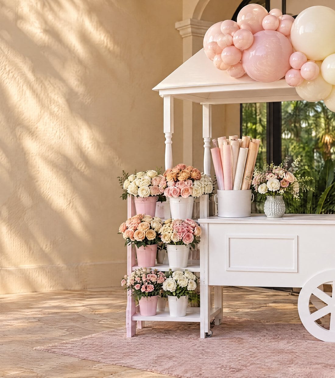 Flower bar cart with a blush balloon garland on a Miami terrace