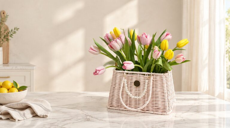 Pink wicker basket of pink and yellow tulips on a marble kitchen island in Miami