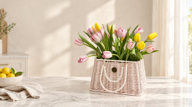 Pink wicker basket of pink and yellow tulips on a marble kitchen island in Miami