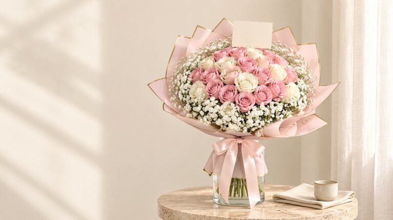 Lauren bouquet of pink and cream roses with baby's breath in a glass vase on a travertine table in a bright Miami living room