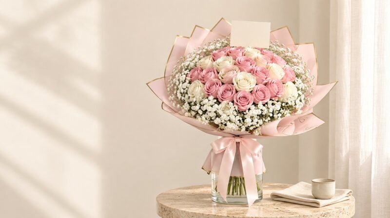 Lauren bouquet of pink and cream roses with baby's breath in a glass vase on a travertine table in a bright Miami living room