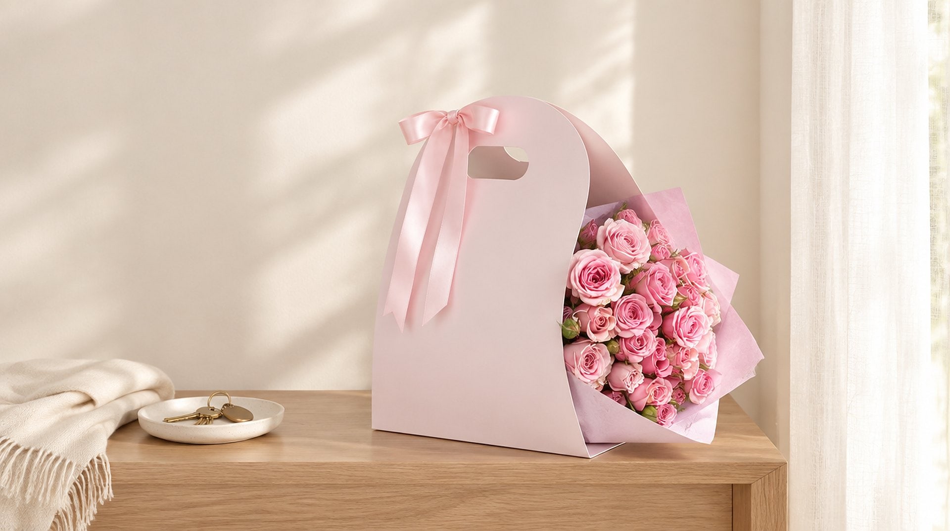 CarryOn Divine Bag with pink spray roses on an oak console in a bright Miami entry hall