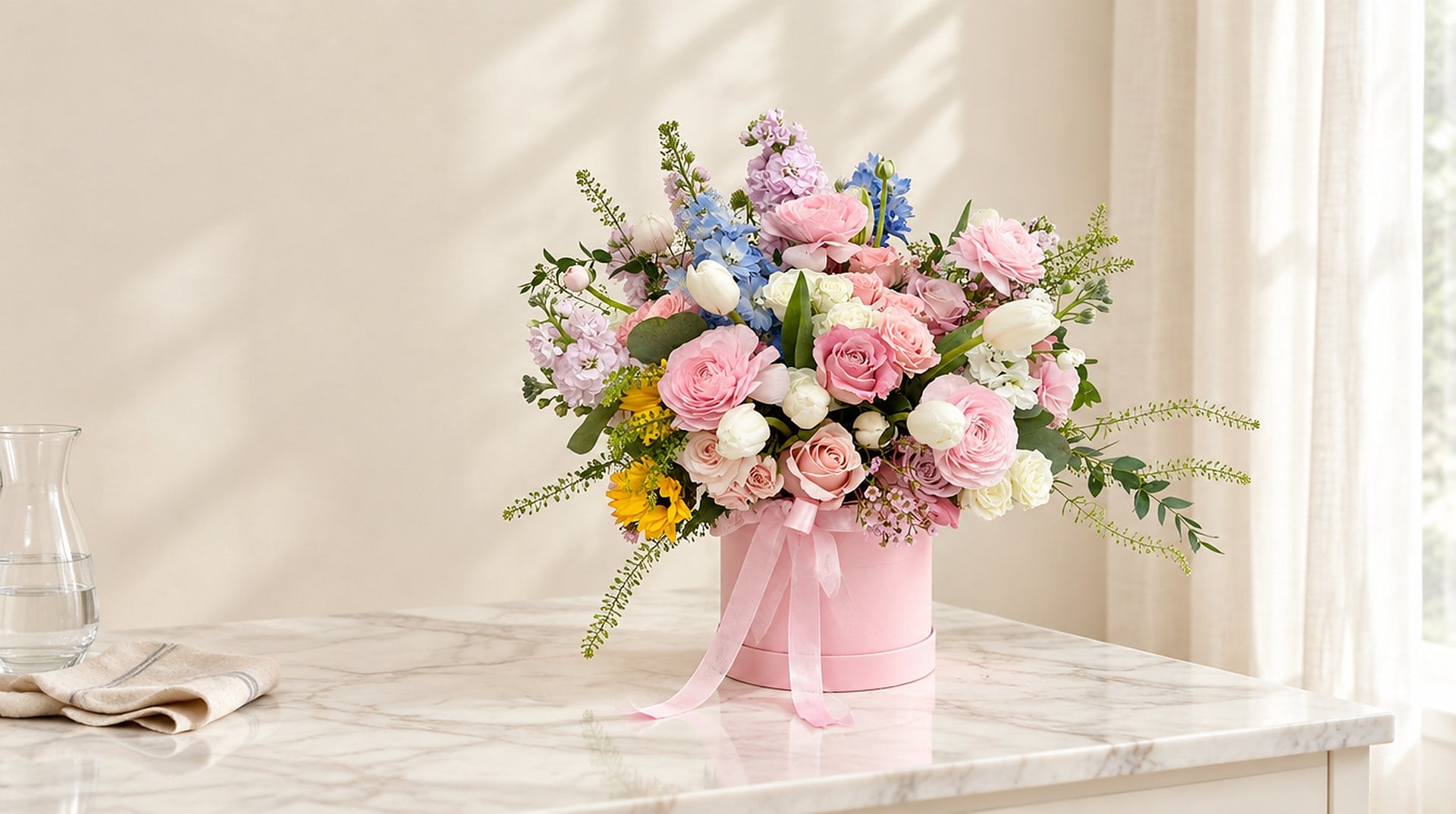 Pink hat box of roses, ranunculus, tulips and delphinium by My Divine Decors on a marble counter by a window