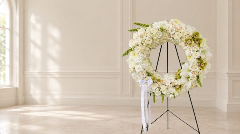 The Royal Ivory Wreath of white roses, lilies and green orchids on its easel in a bright Miami memorial chapel