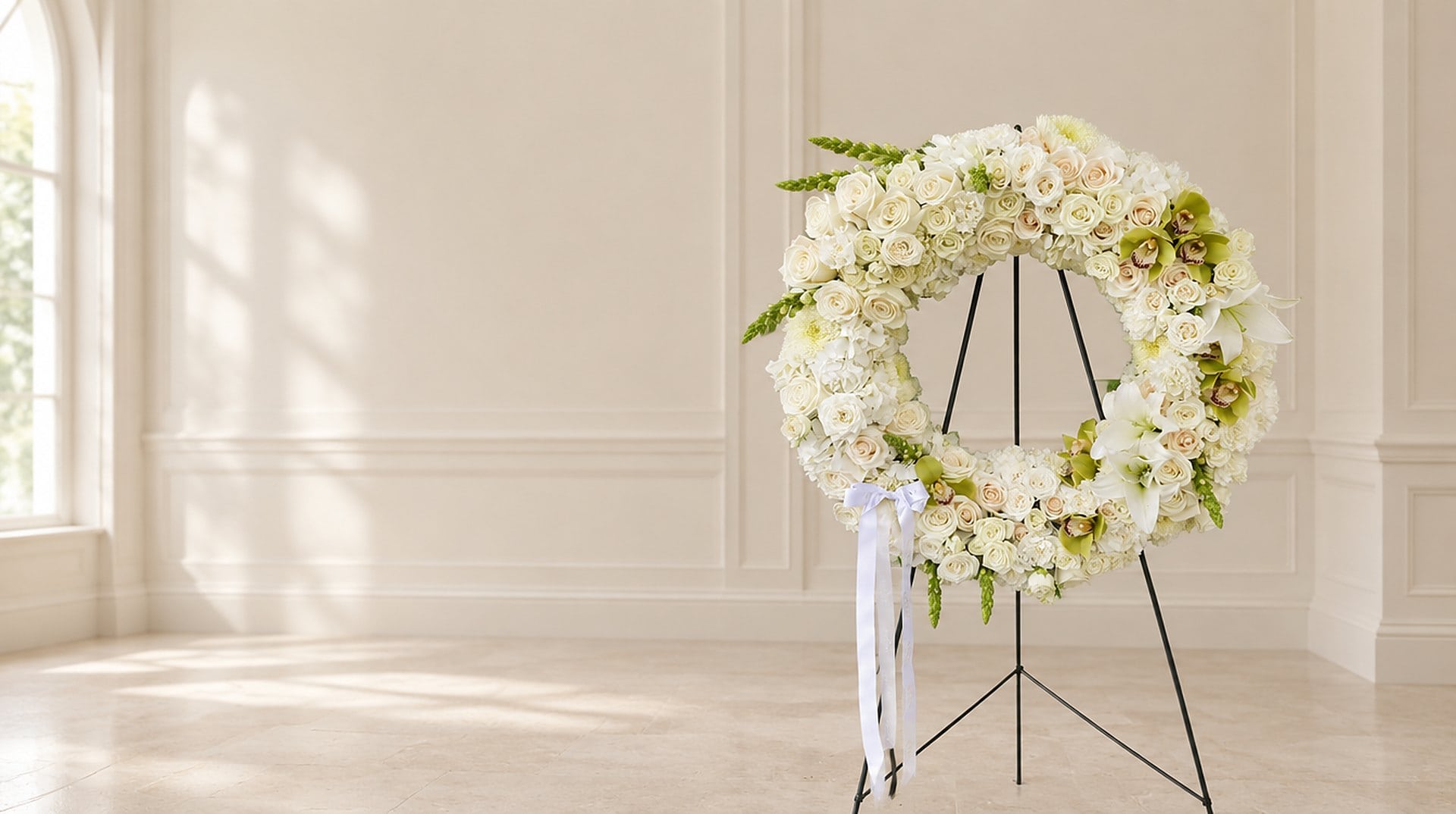 The Royal Ivory Wreath of white roses, lilies and green orchids on its easel in a bright Miami memorial chapel