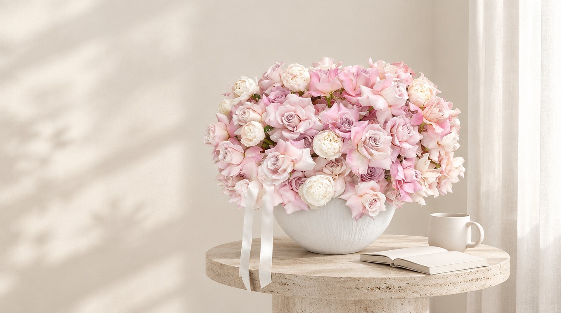 Blush reflexed roses cloud in a white vase on a travertine table beside an open book in Miami