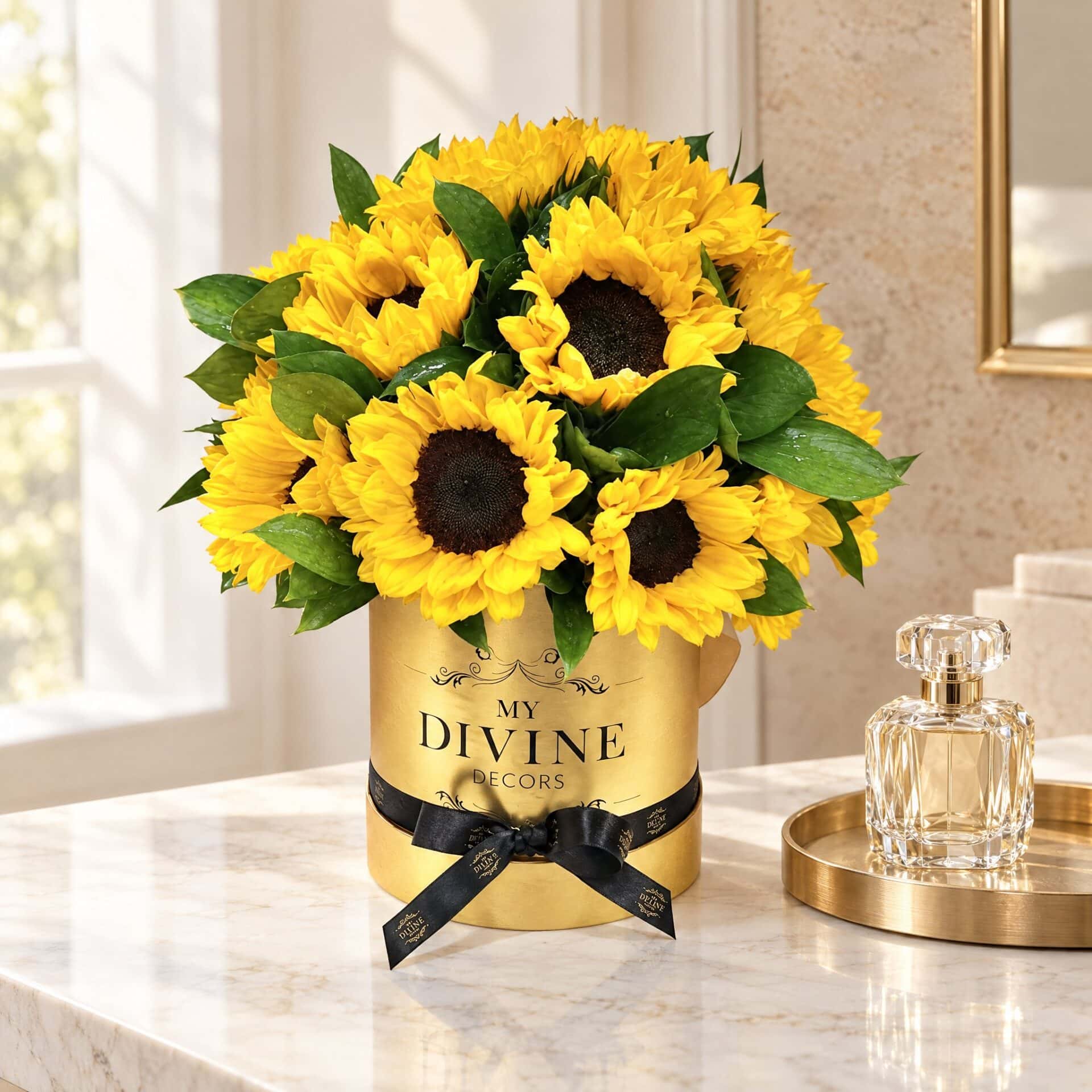 Medium Sunflower Round in a gold box with black ribbon on a marble vanity Medium Sunflower Round in a gold box with black ribbon on a marble vanity