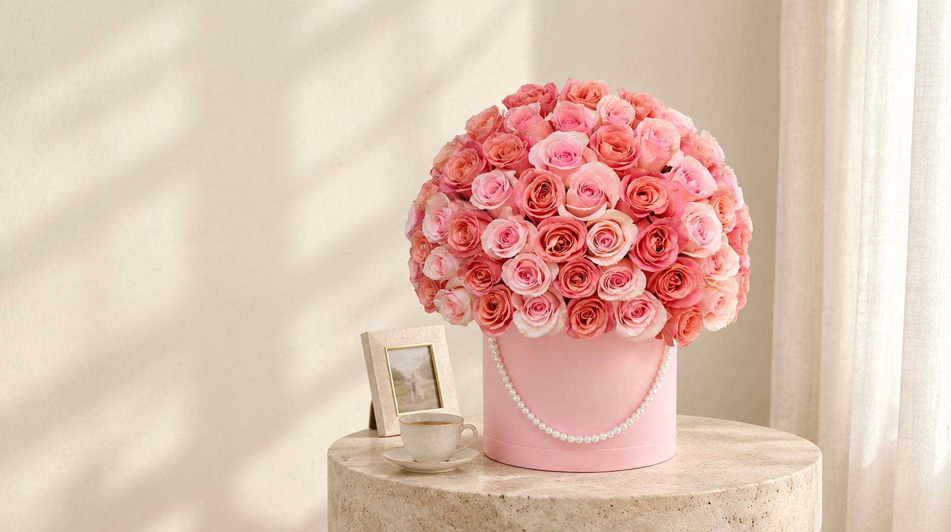 Pink hat box of roses with a pearl strand by My Divine Decors, next to a framed family photo and a cup of tea