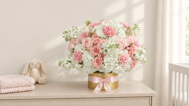 Medium Sweet Box of pink roses and hydrangea on a nursery dresser with a knit blanket