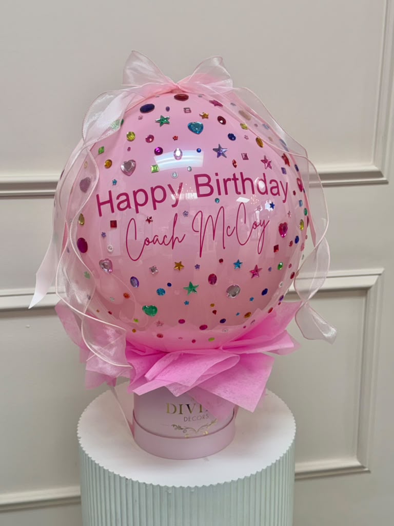 Personalized Bubble Balloon Gift Box Pink personalized bubble balloon with rhinestones on a My Divine Decors gift box