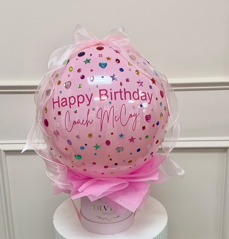 Bubble balloon personalized with a happy birthday message and rhinestones