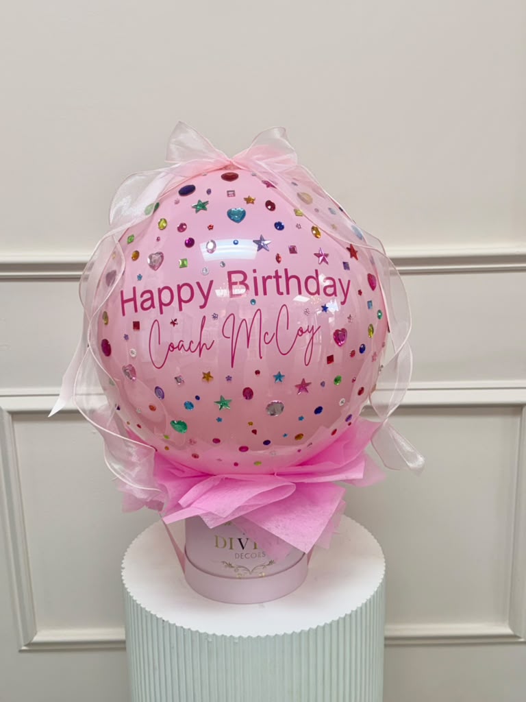 Personalized Bubble Balloon Gift Box front Bubble balloon personalized with a happy birthday message and rhinestones
