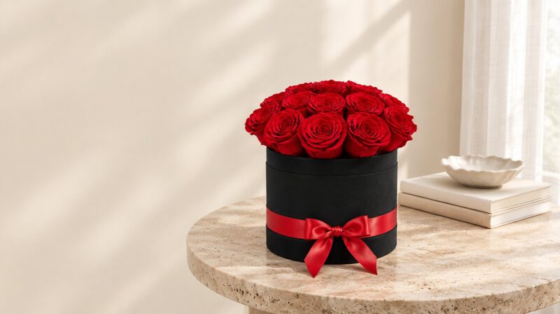 Black velvet box of sixteen red preserved roses with a red bow on a travertine table in a bright Miami living room