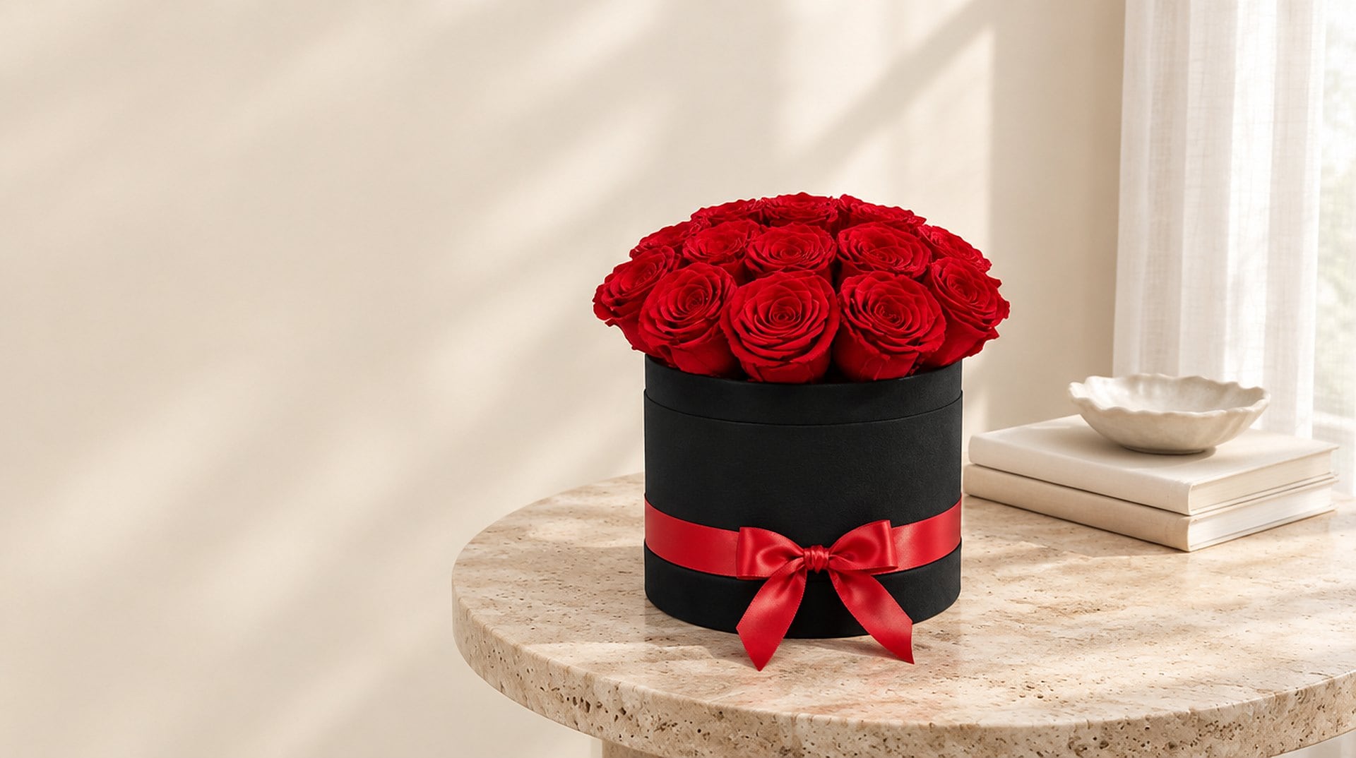 Black velvet box of sixteen red preserved roses with a red bow on a travertine table in a bright Miami living room