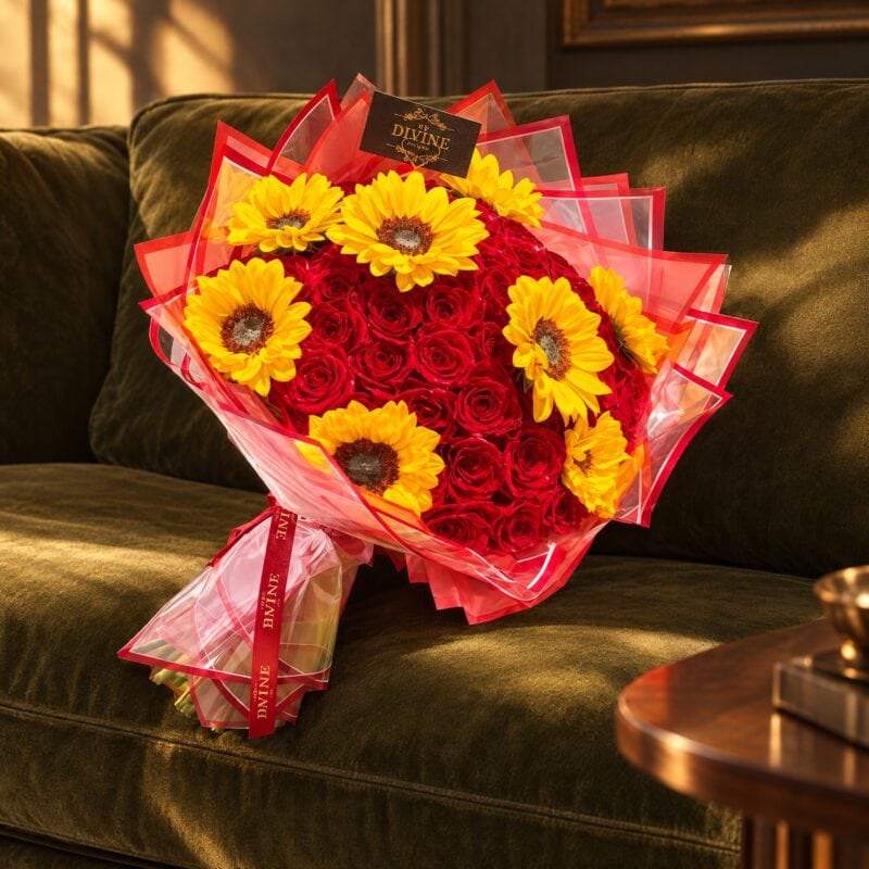 Ramo de Mano con Rosas rojas y Girasoles sobre un sofa de terciopelo oliva