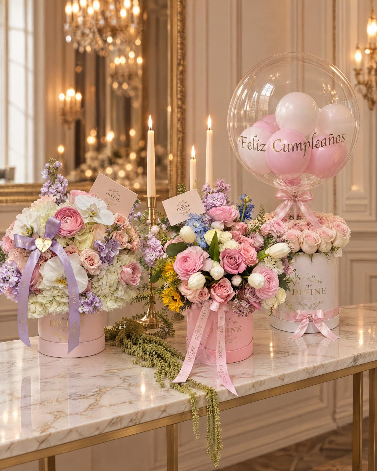 Cajas Hanna, Soft Petals y caja con globo Feliz Cumpleaños de My Divine Decors sobre consola de mármol con velas