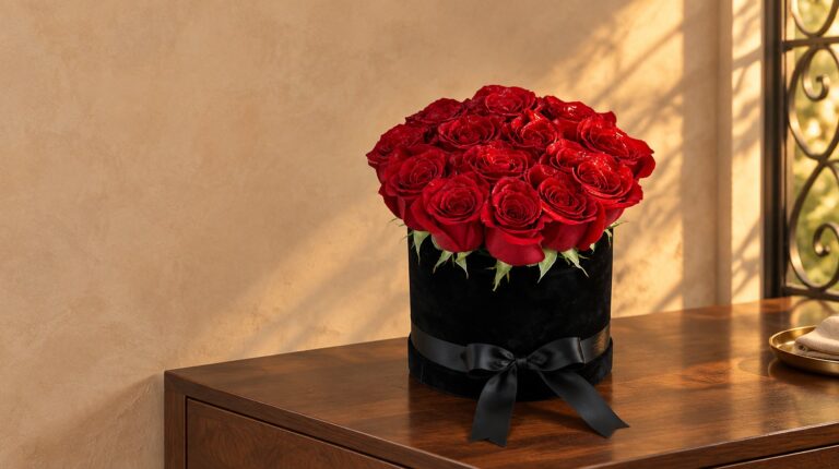 Caja de terciopelo negro con rosas rojas Nash sobre un aparador de nogal en Coral Gables al atardecer