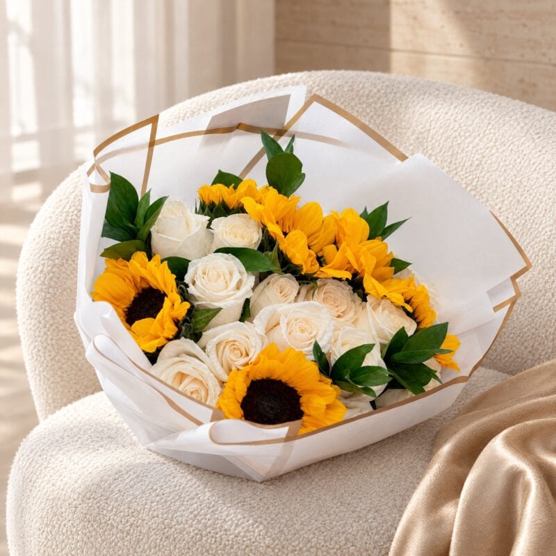 Roses and Sunflowers Hand Bouquet with white roses on an ivory boucle chair