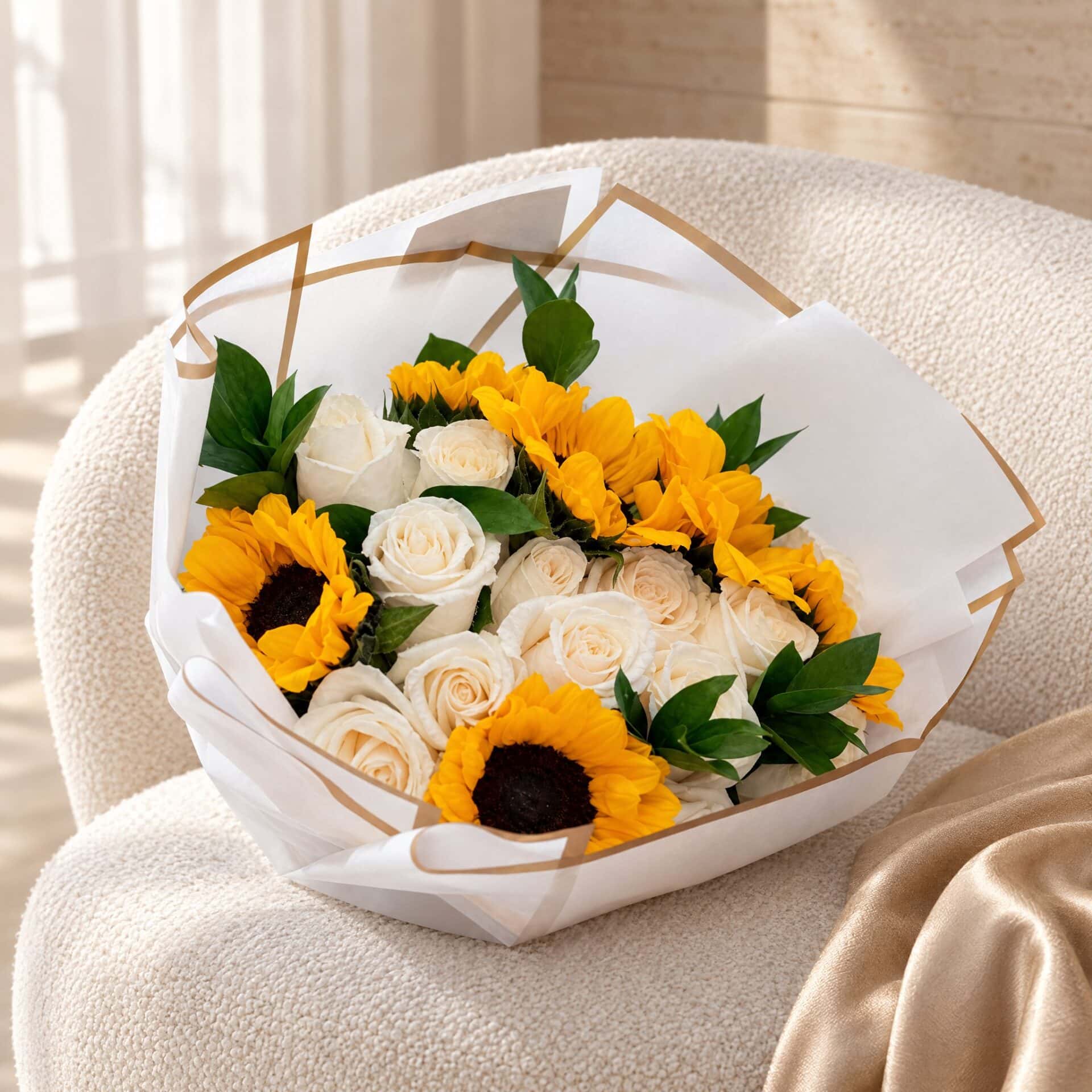 Roses and Sunflowers Hand Bouquet with white roses on an ivory boucle chair Roses and Sunflowers Hand Bouquet with white roses on an ivory boucle chair