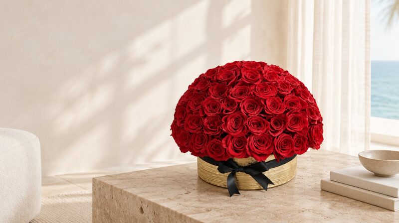 One hundred red roses in a gold vase on a travertine table in a bright Miami Beach living room