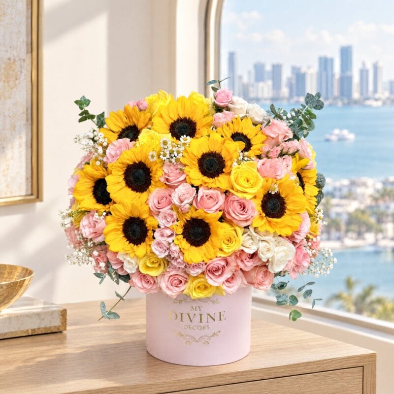 Sunflower Garden Hat Box with pink roses in a Miami penthouse by the bay