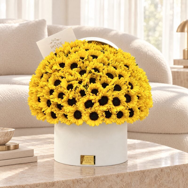 Sunflowers Grand Hat Box in a serene ivory living room