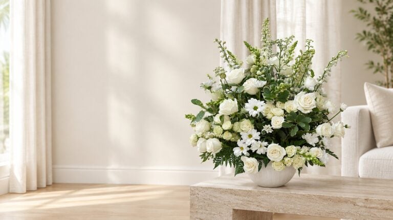 White Pure Elegance vase arrangement of white roses, snapdragons and daisies on a travertine console in a Miami living room