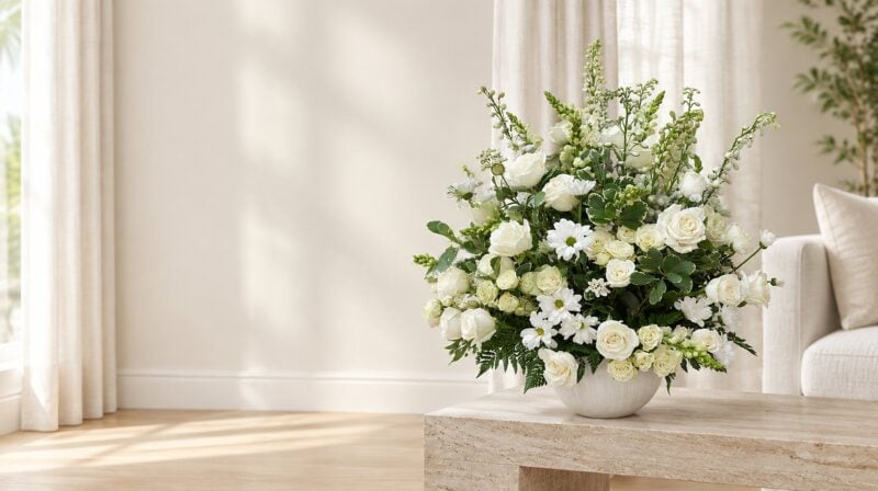 White Pure Elegance vase arrangement of white roses, snapdragons and daisies on a travertine console in a Miami living room