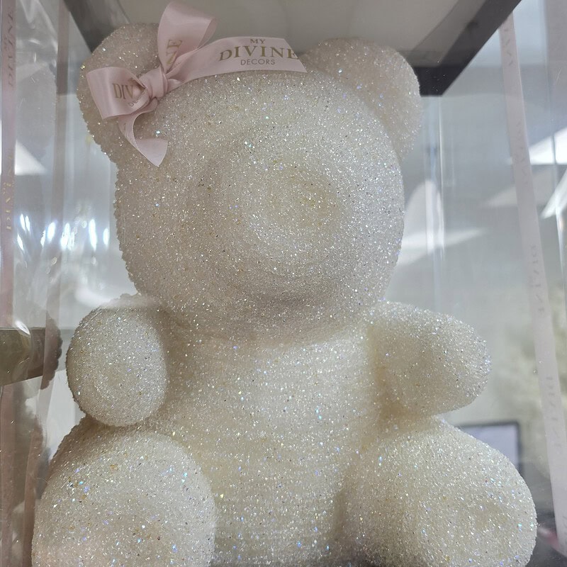 Osito de cristal blanco con escarcha y moño rosado My Divine Decors en caja transparente