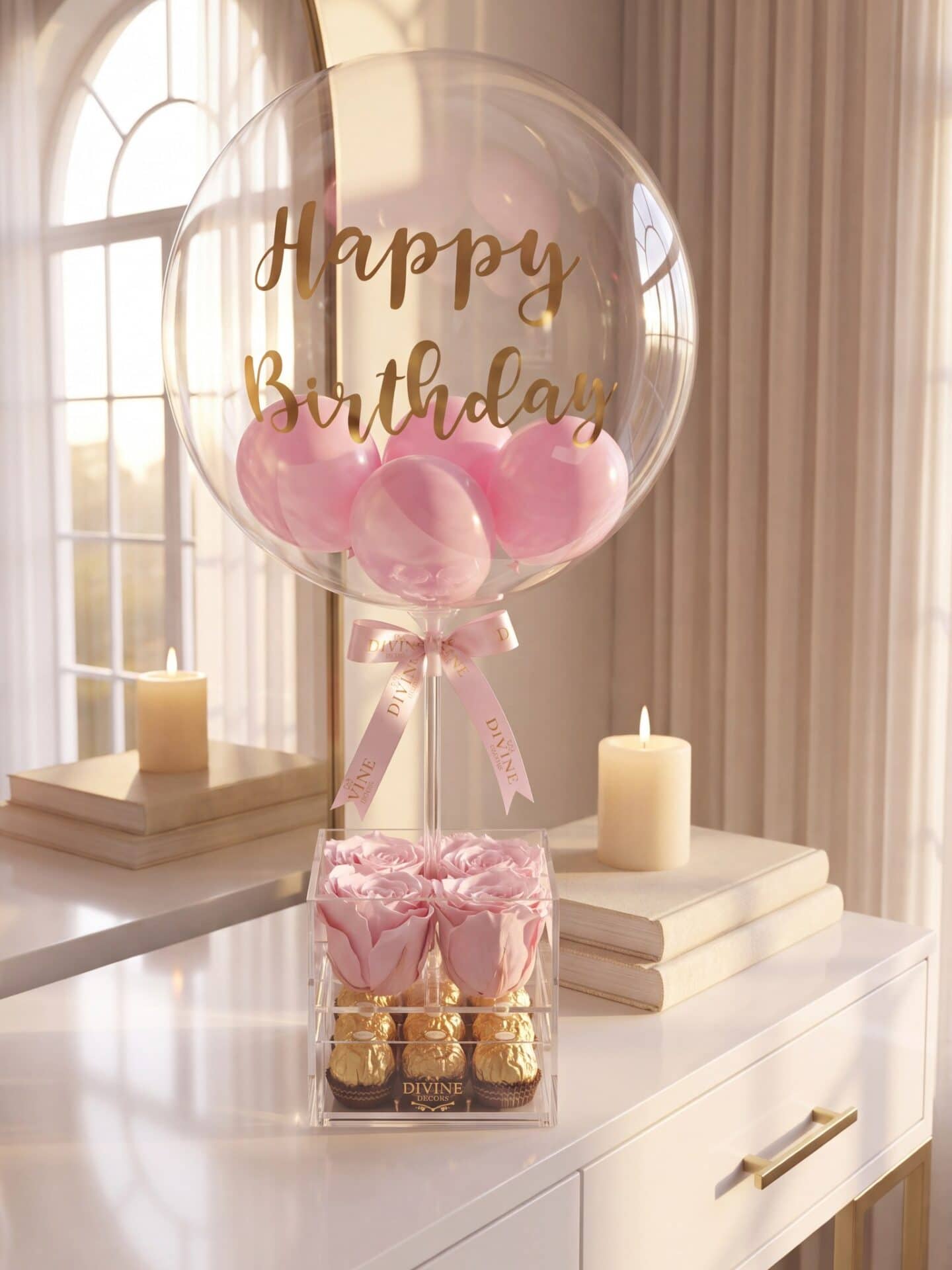 4 Preserved Roses Acrylic Box With Balloon 4 Rosas Preservadas en Caja de Acrílico con Globo