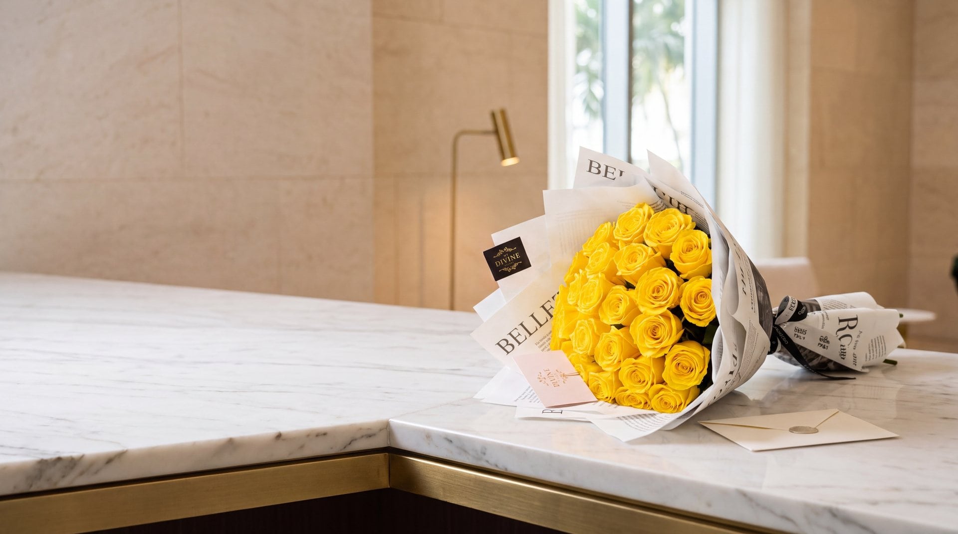 A My Divine Decors arrangement waiting alone with a sealed ivory envelope that carries no name