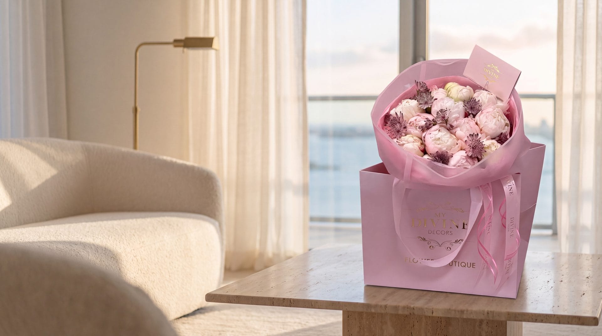 Pink peonies in the My Divine Decors Signature bag on a travertine table in a Miami penthouse overlooking Biscayne Bay