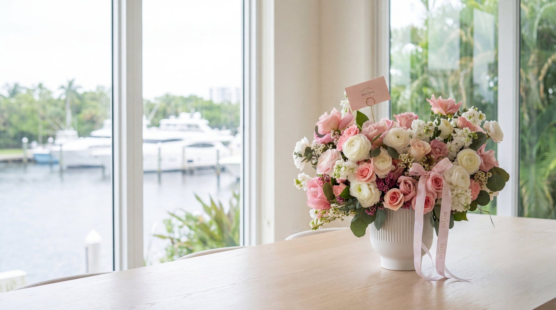 London in Blooms vase by My Divine Decors with blush roses, white ranunculus and waxflower on a dining table in an Aventura condo overlooking the Intracoastal marina