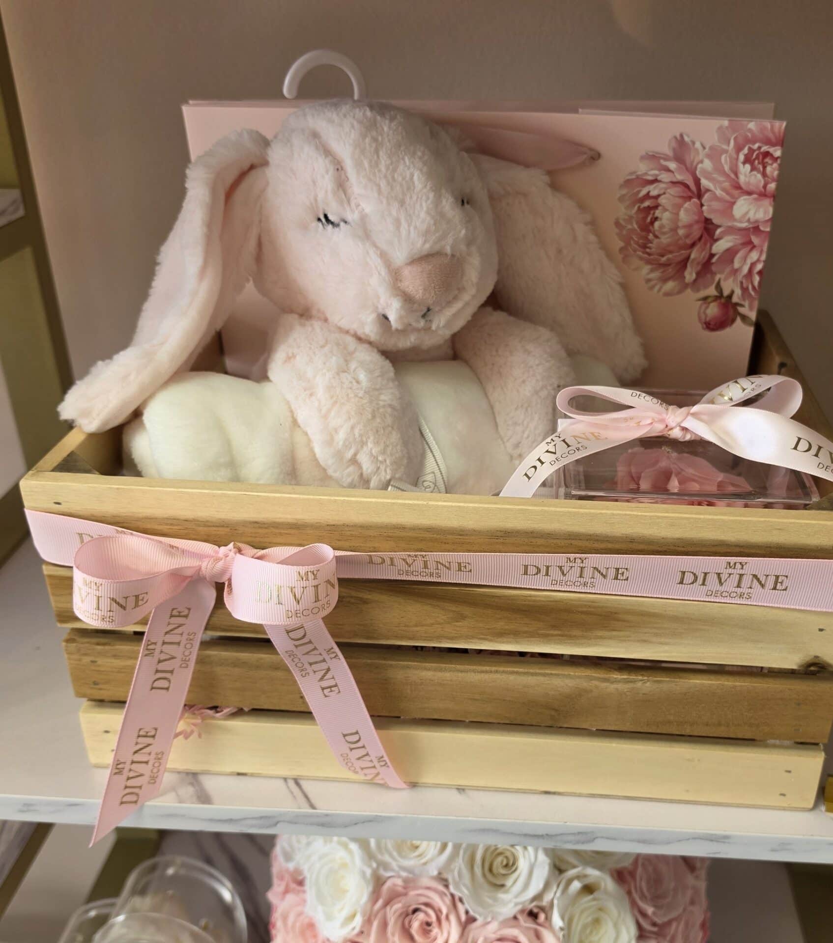 Baby Crate, Bunny, Blanket & Pink Rose Wooden baby crate with blush bunny plush, cream blanket and pink preserved rose