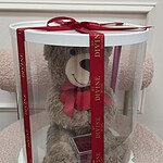 Tan teddy bear with red heart and red preserved rose in a clear cylinder tied with red My Divine Decors ribbon