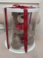 Tan teddy bear with red heart and red preserved rose in a clear cylinder tied with red My Divine Decors ribbon