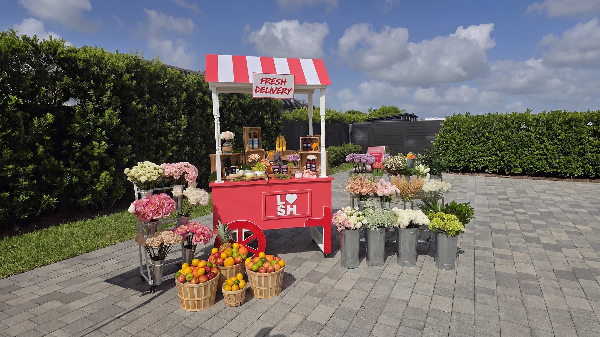 Branded flower cart with a red and white striped awning and a Fresh Delivery sign, surrounded by galvanized buckets of fresh flowers and fruit baskets, at a brand activation in Miami by My Divine Decors
