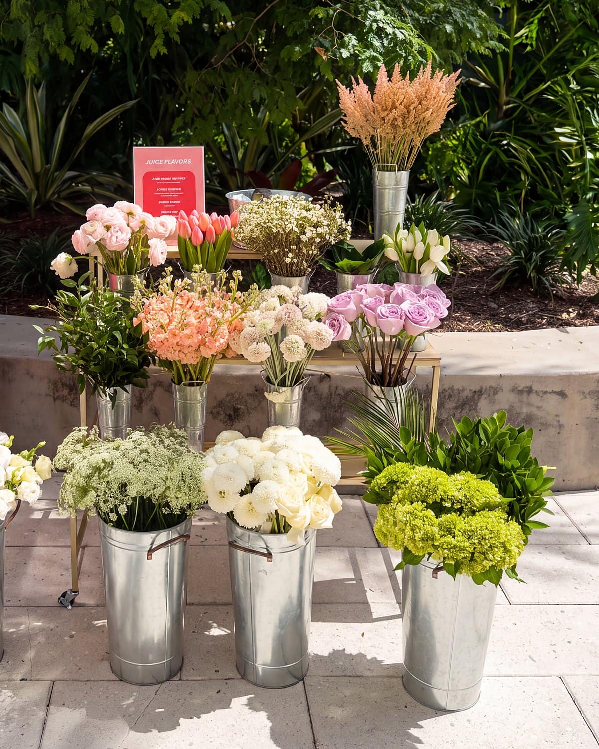 Galvanized buckets of tulips, roses, ranunculus, Queen Anneโs lace and green hydrangea with pampas, set up for a brand activation in Miami