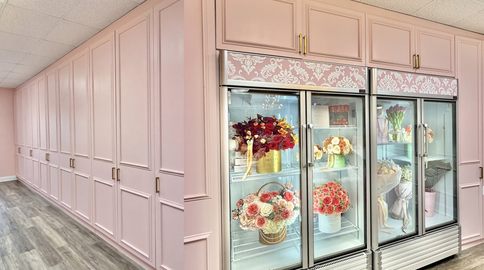 Pink flower coolers with arrangements ready for pickup inside the My Divine Decors studio in Doral, Miami