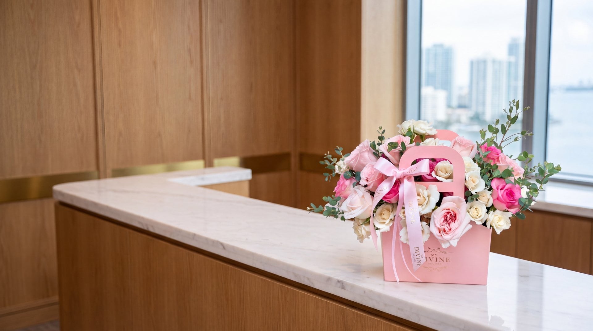 Pink My Divine Decors Bloom Signature Bag with roses and eucalyptus on the marble reception counter of a Brickell office in Miami