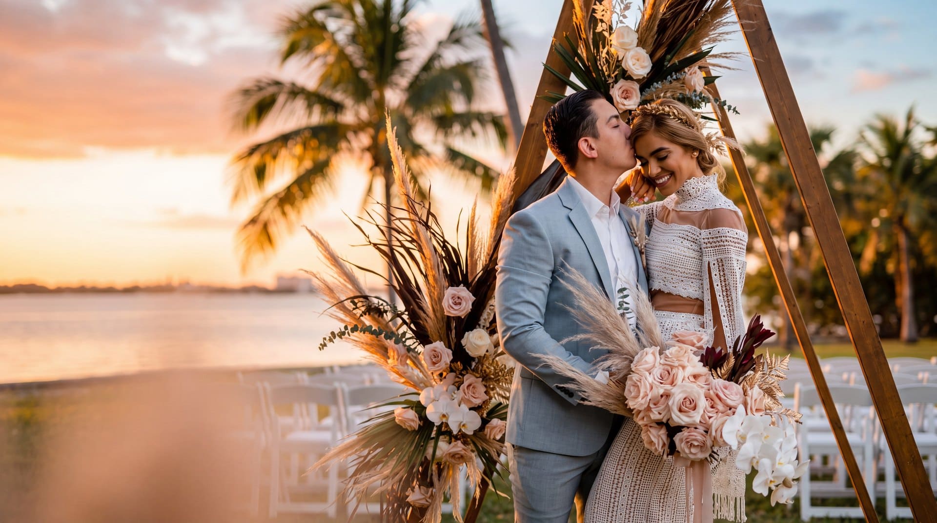 Pareja de novios bajo un arco boho de madera con pampas y rosas blush de My Divine Decors en un venue frente a la bahía de Miami al atardecer