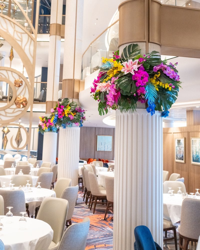 Floral arrangements on the columns of the main dining room on Star of the Seas