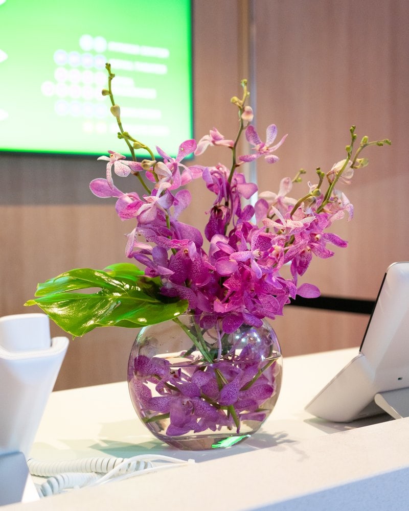 Purple orchids in a glass bowl at a counter on Star of the Seas