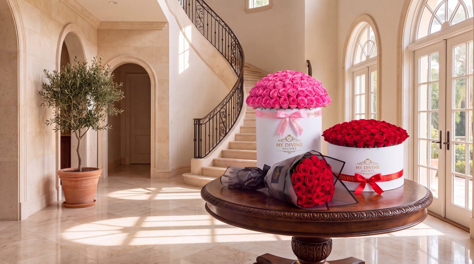 Una caja alta blanca de My Divine Decors con 200 rosas rosadas, una caja redonda blanca de 100 rosas rojas y un ramo buchón de rosas rojas en papel negro sobre una mesa redonda de madera en el recibidor de mármol de una villa en Coral Gables