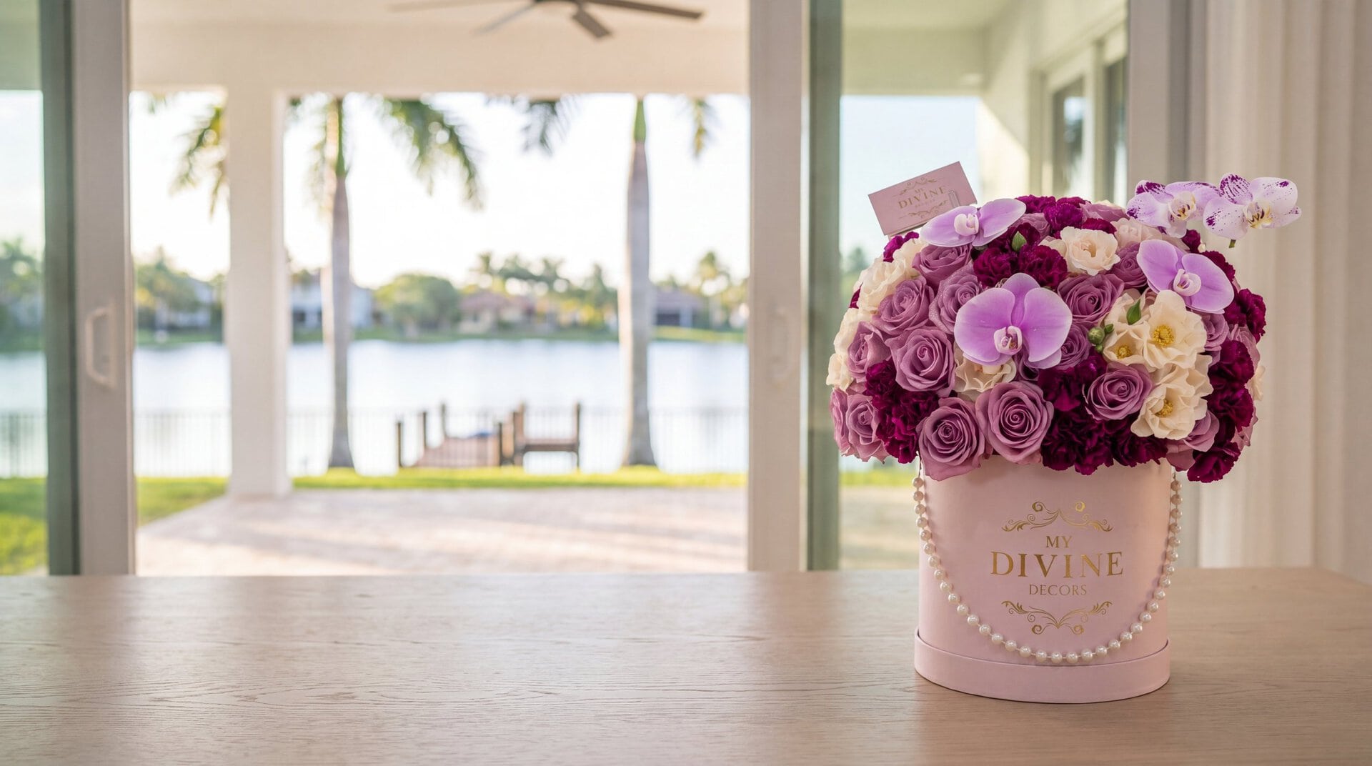 Butterflies hat box by My Divine Decors with lavender roses, purple carnations, orchids and pearls on a dining table in a Cutler Bay home overlooking a lake