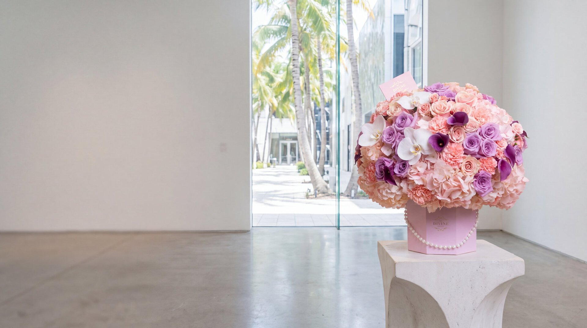 Jennifer arrangement by My Divine Decors with roses, hydrangeas, orchids and calla lilies in a pink hexagonal box with pearls on a stone plinth in a gallery-like space in the Miami Design District